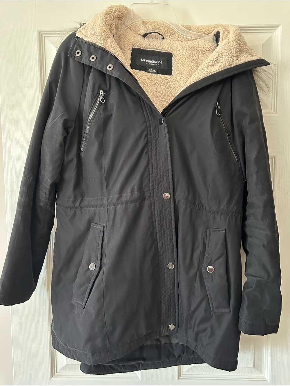 Liz Claiborne Black Puffer Coat with Cream Sherpa Lining